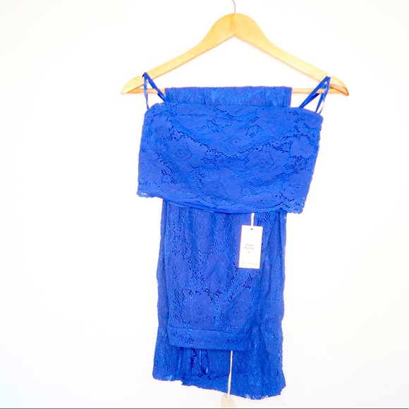 Royal Blue Floral Lace Bandeau & pant set - Picture 2 of 6